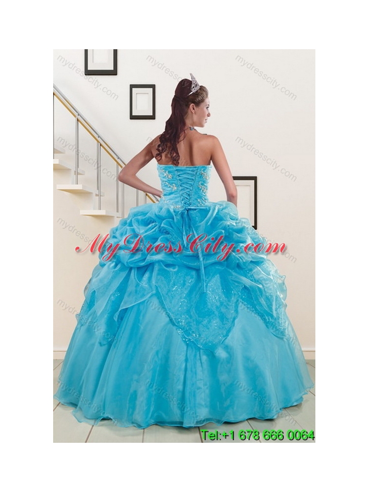 2015 Elegant Teal Quince Gown with Embroidery and Pick Ups
