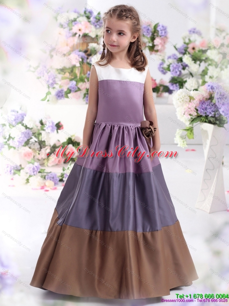 2015 Cheap Multi Color Scoop Flower Girl Dress with Bownot