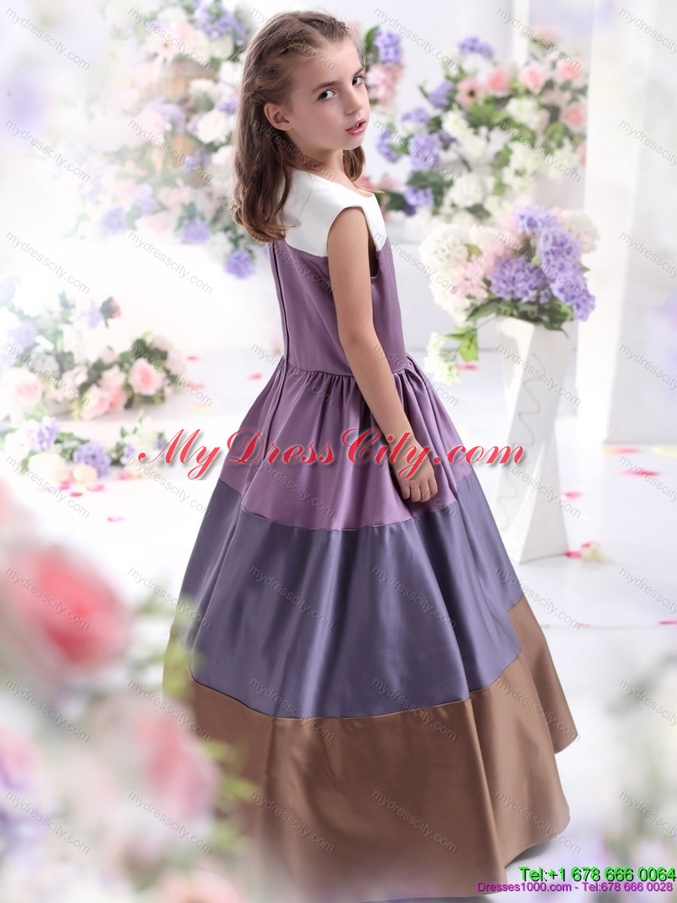 2015 Cheap Multi Color Scoop Flower Girl Dress with Bownot