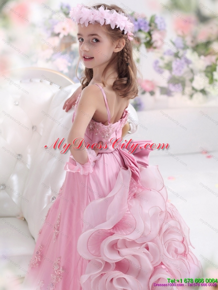 2015 Unique Rose Pink Spaghetti Straps Girls Party Dresses with Appliques