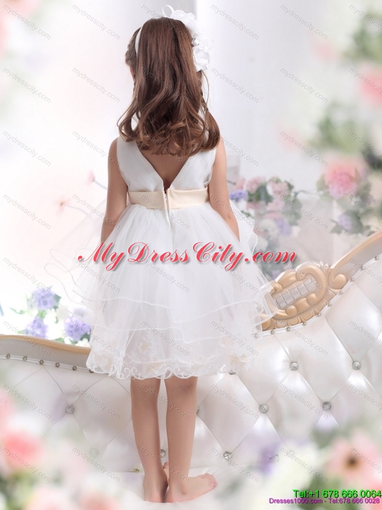 Beading Ruffled 2015 White Girls Party Dress with Bownot