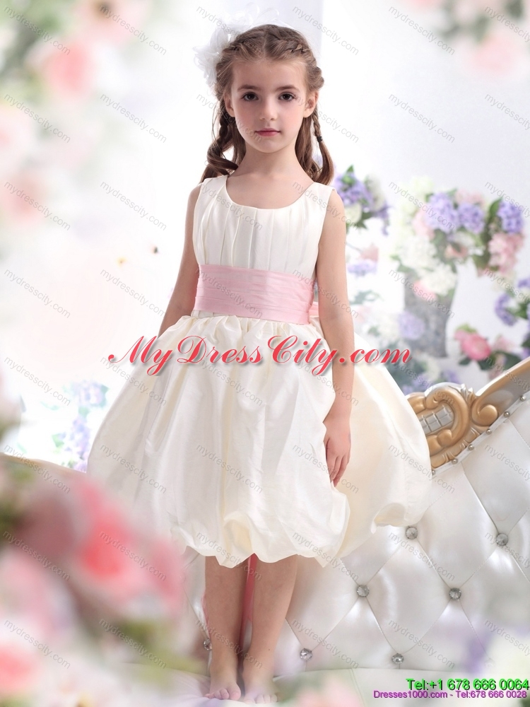 Perfect White Scoop 2015 Girls Party Dresses with Light Pink Sash