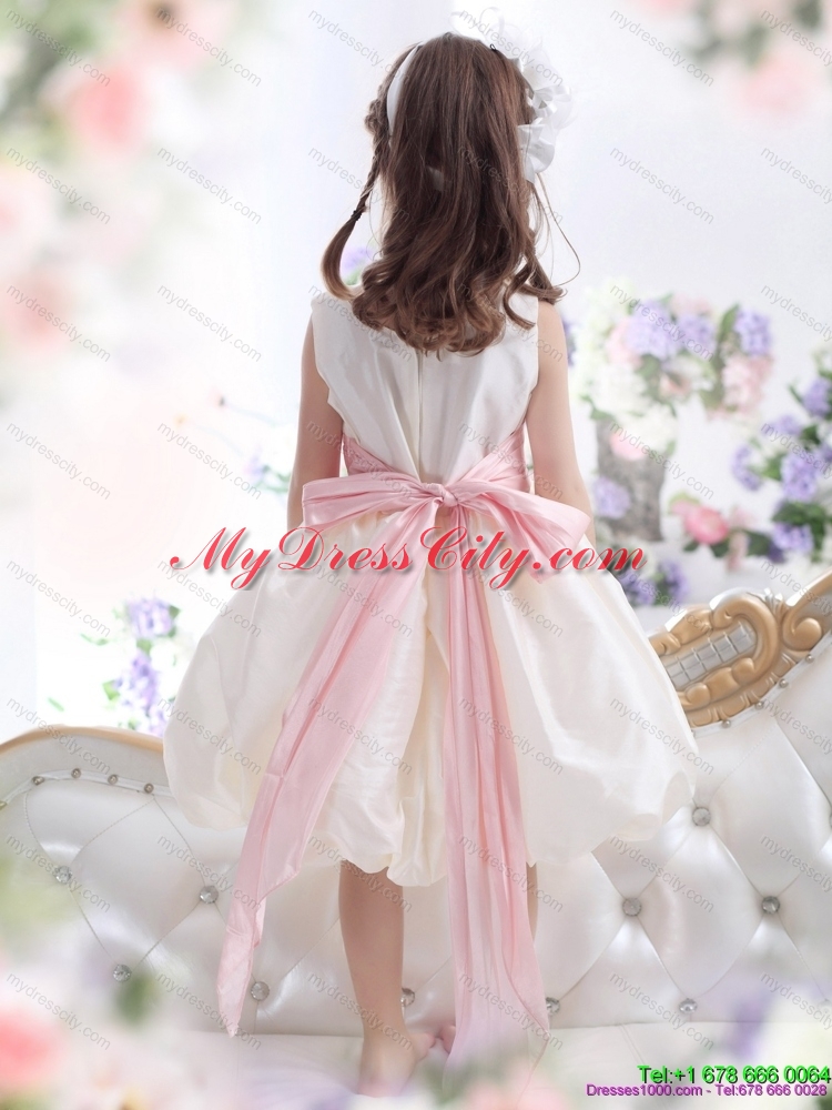 Perfect White Scoop 2015 Girls Party Dresses with Light Pink Sash