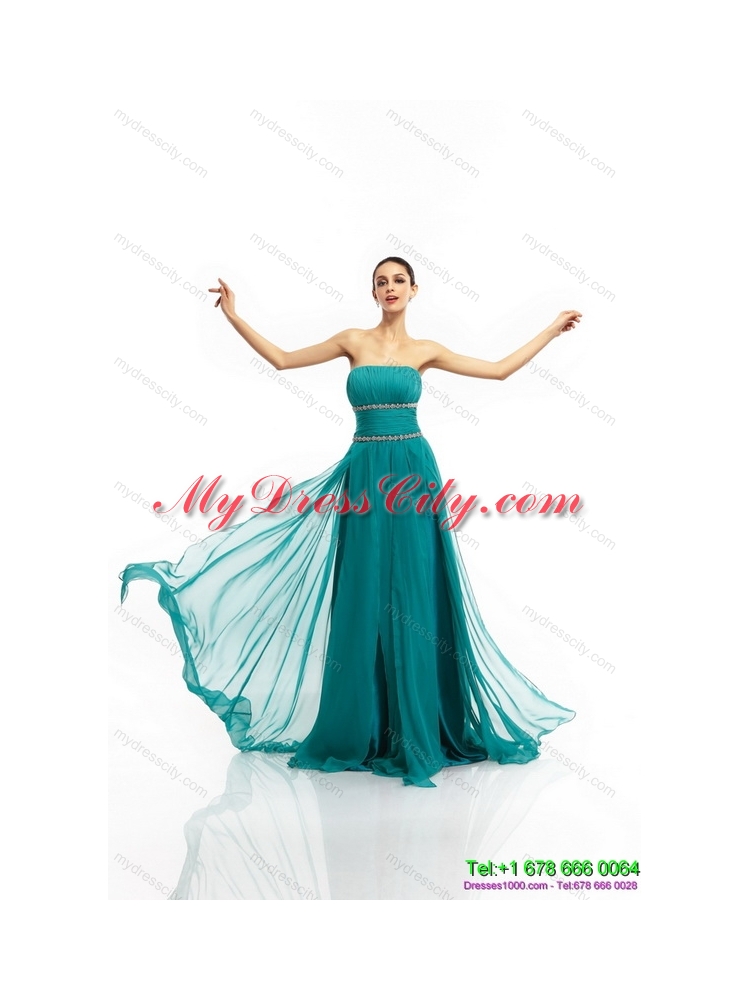 2015 Inexpensive Strapless Prom Dress with Ruching and Beading