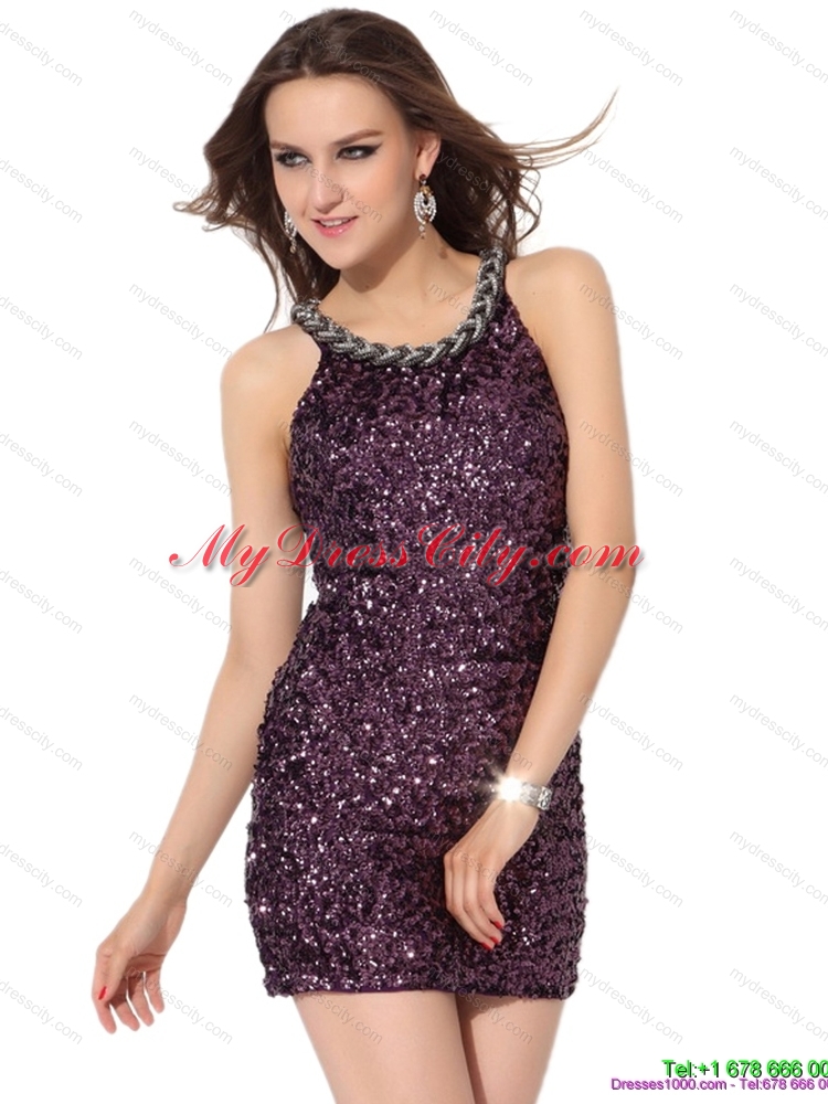 2015 Pretty Bateau Mini Length Prom Dress with Sequins