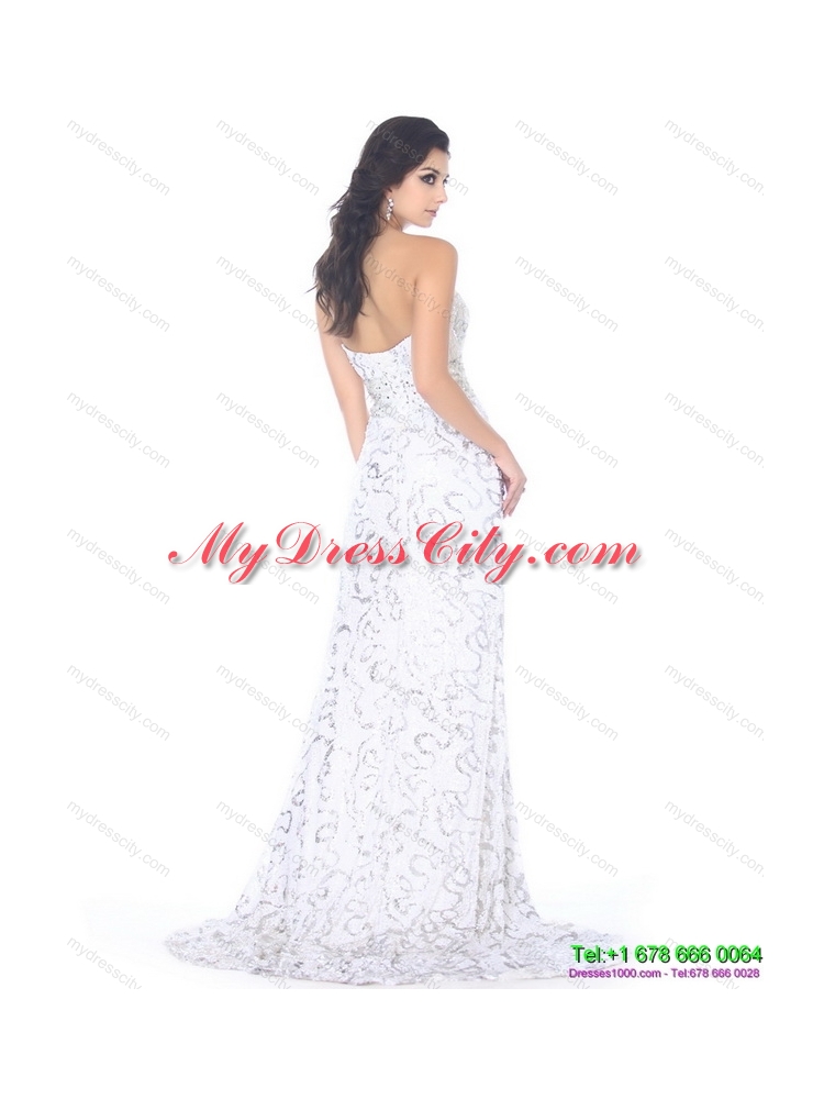 2015 Sexy Sweetheart Printed White Prom Dress with High Slit