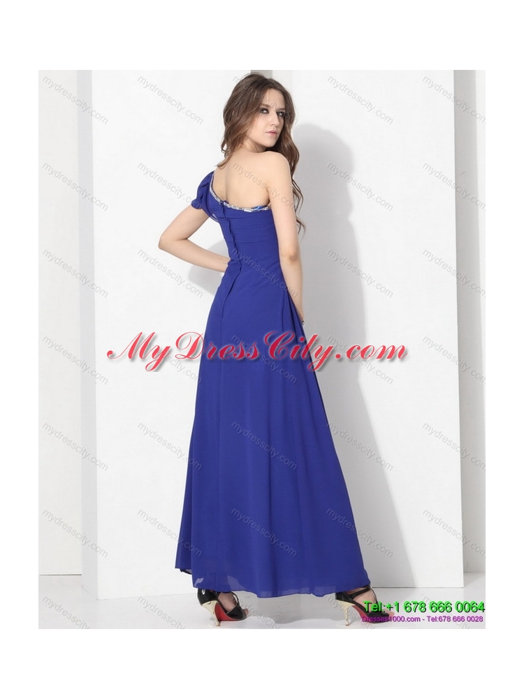 Modest One Shoulder Blue Prom Dress with Ruching and Beading