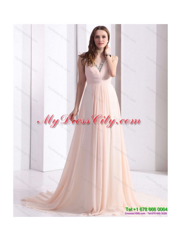 2015 Brush Train Long Prom Dresses with Beading and Ruching