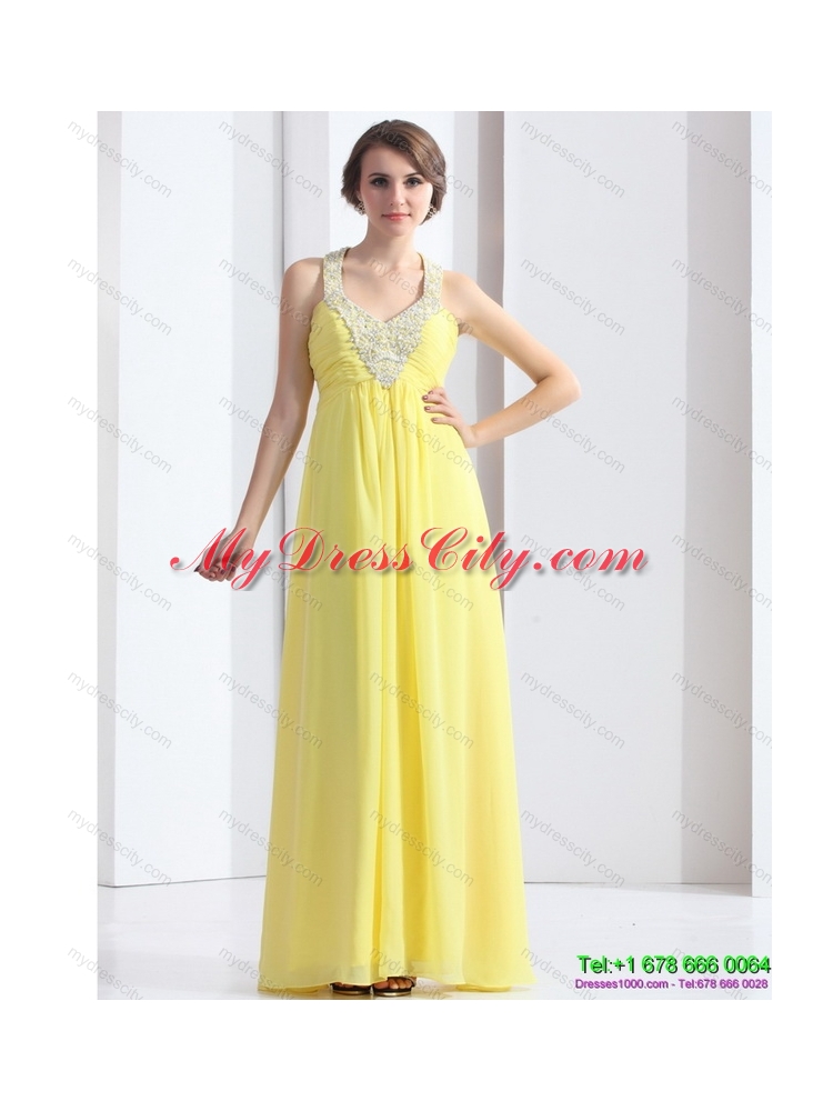 2015 Designer Halter Top Yellow Prom Dress with Floor Length