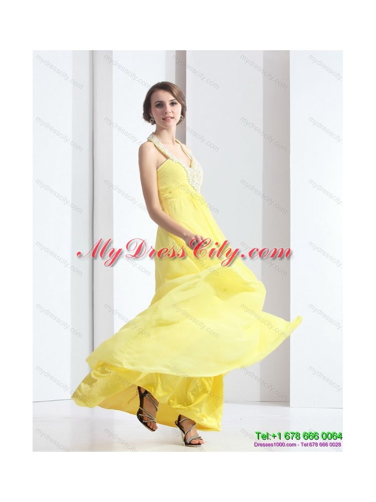 2015 Designer Halter Top Yellow Prom Dress with Floor Length