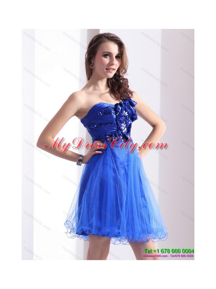 2015 One Shoulder Prom Dresses with Beading and Hand Made Flowers