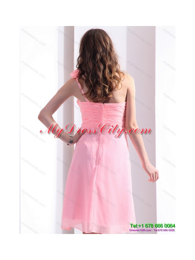 Baby Pink One Shoulder Prom Dresses with Ruching and Hand Made Flowers