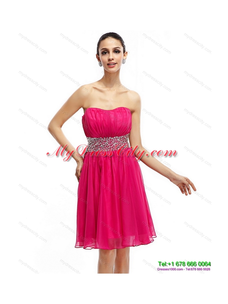 Coral Red Strapless Short Prom Dresses with Ruching and Rhinestones