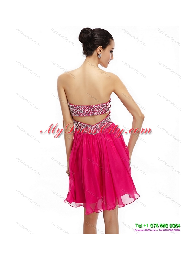 Coral Red Strapless Short Prom Dresses with Ruching and Rhinestones