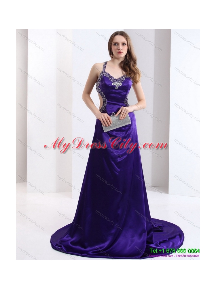 Designer 2015 Halter Top Purple Criss Cross Prom Dresses with Court Train
