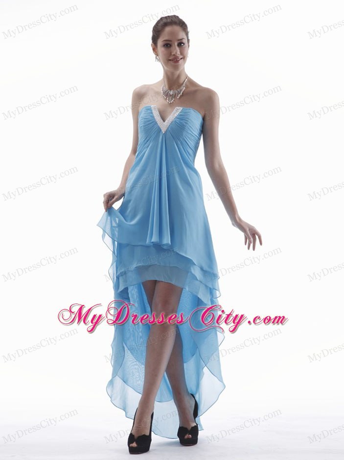 Customize Light Blue High-low Homecoming Dress With V-neck