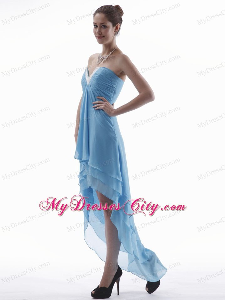 Customize Light Blue High-low Homecoming Dress With V-neck