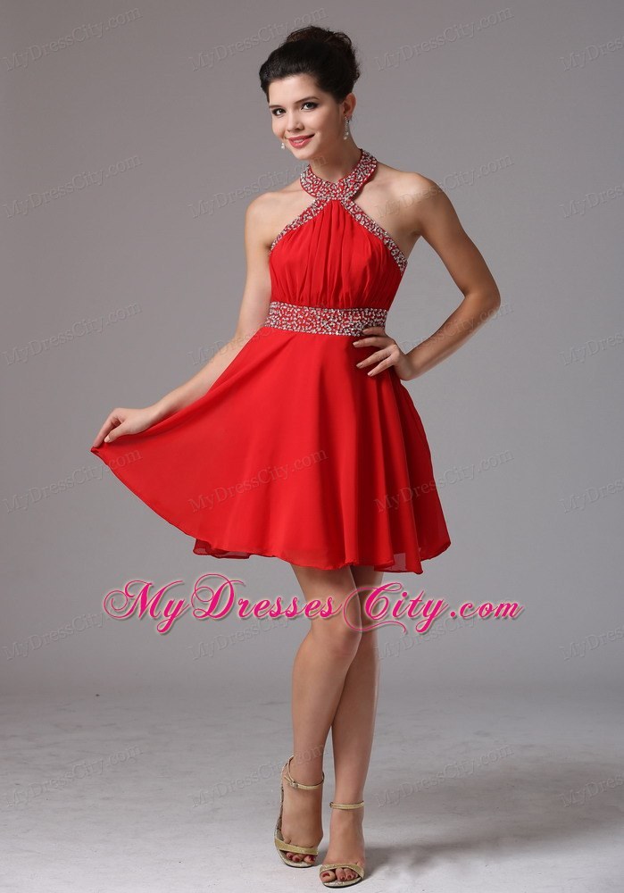 Stylish Halter Mini-length Homecoming Dress With Beading and Ruche