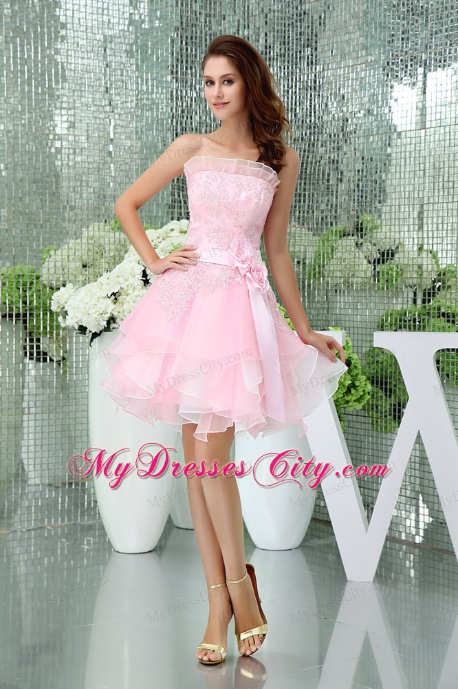 A-line Baby Pink Lace Homecoming Dress with Sash And Ruffles