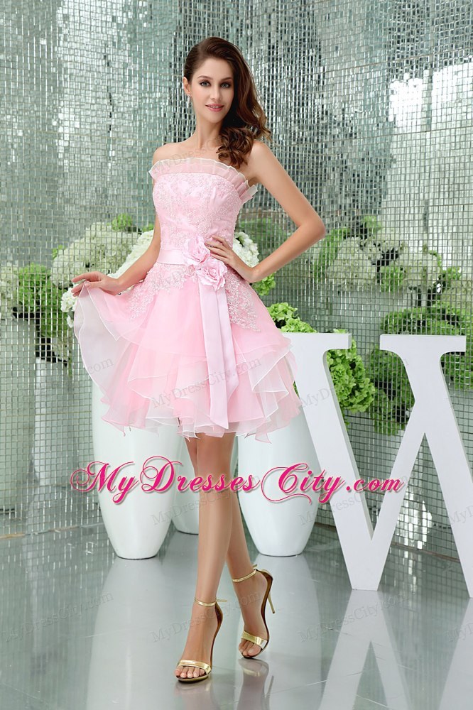 A-line Baby Pink Lace Homecoming Dress with Sash And Ruffles