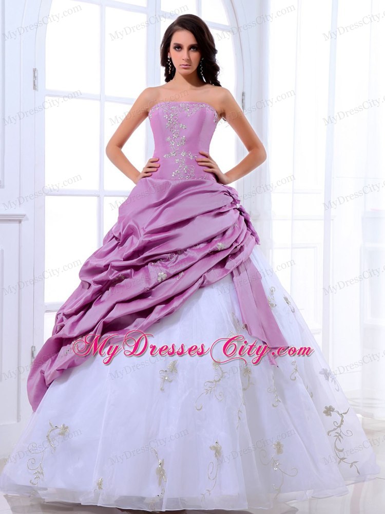 Lavender and White Strapless Appliqued Quinceanera Party Dress