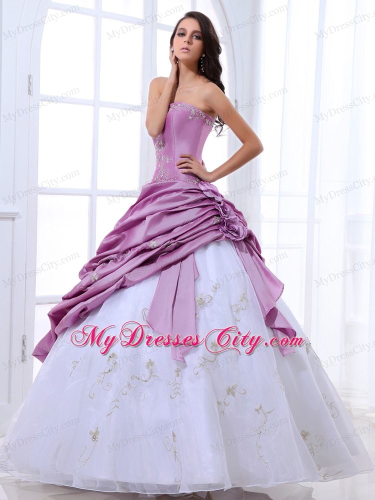 Lavender and White Strapless Appliqued Quinceanera Party Dress