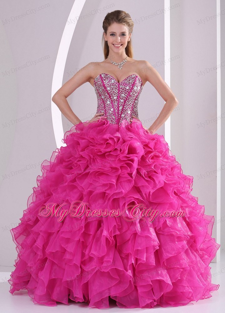 Hot Pink Ruffled Sweetheart Quinceanera Gowns with Beading