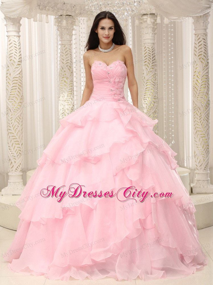 Baby Pink Ruched Sweetheart Sweet 16 Dresses with Flowers