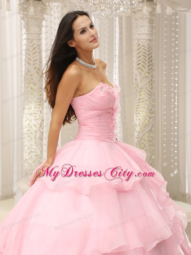 Baby Pink Ruched Sweetheart Sweet 16 Dresses with Flowers