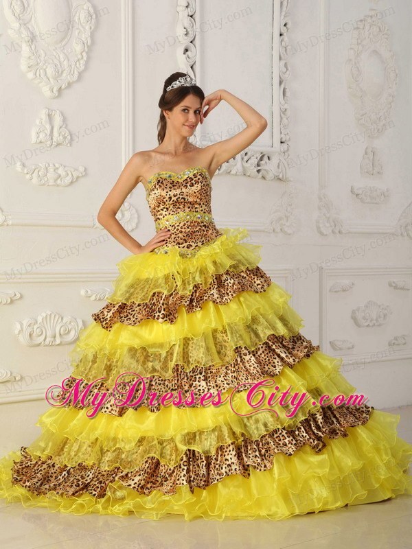 Yellow Sweep Train Leopard and Organza Ruffles Sweet 16 Dresses