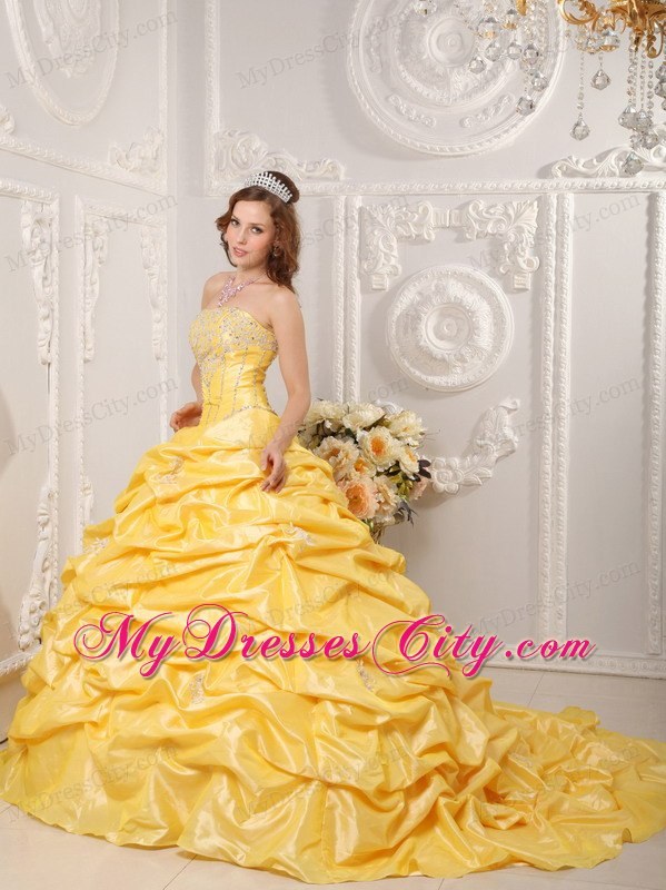 Yellow Taffeta Appliques Quinceanera Dress with Court Train