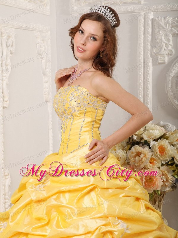 Yellow Taffeta Appliques Quinceanera Dress with Court Train