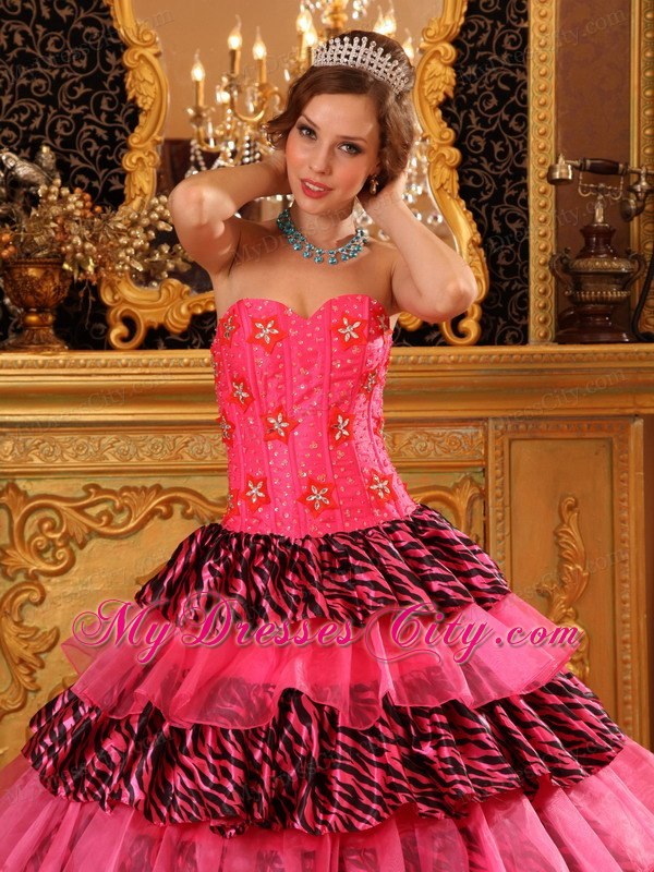 Beautiful Organza and Zebra Beading Hot Pink Dress for Quince