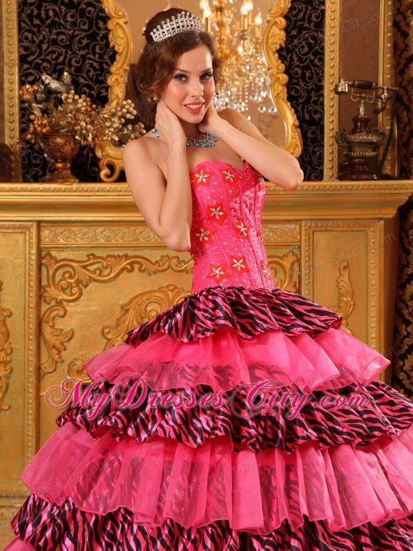 Beautiful Organza and Zebra Beading Hot Pink Dress for Quince