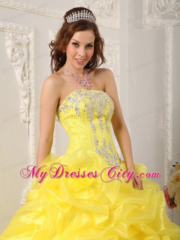 Yellow Ball Gown Strapless Organza Beading Quinceanera Dress