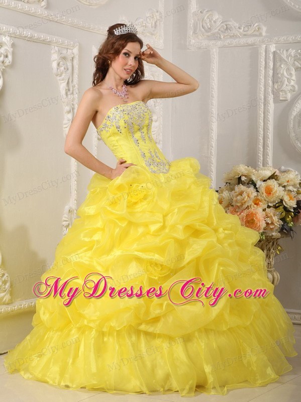 Yellow Ball Gown Strapless Organza Beading Quinceanera Dress