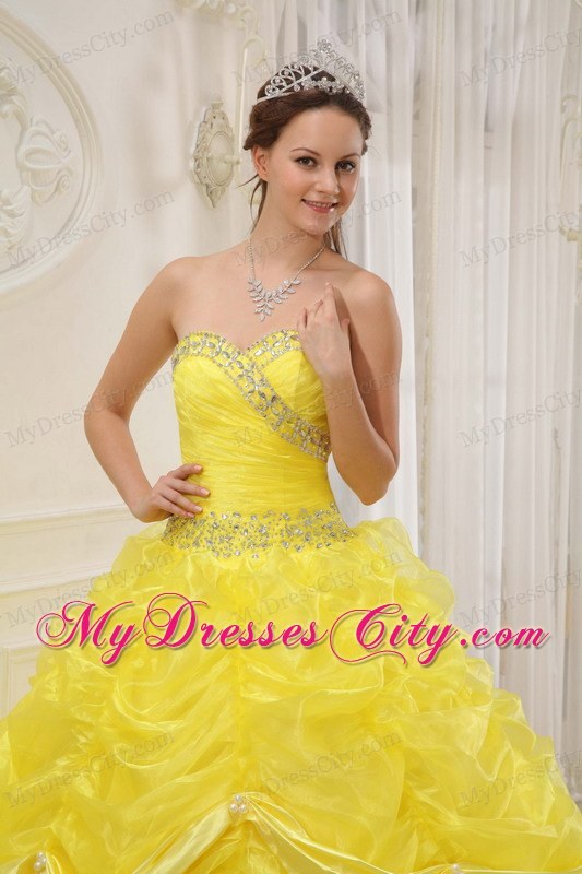 Yellow Sweetheart Organza Dress for Quince with Pick-ups