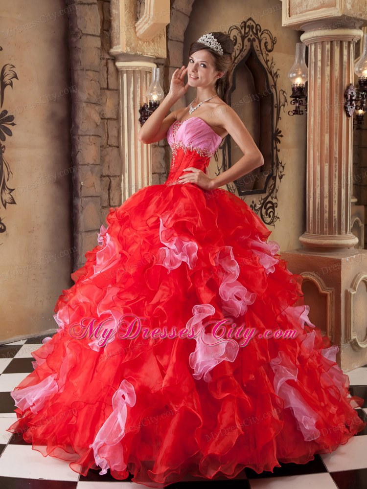Organza Beading and Ruffles Quinceanera Dress in Red Color
