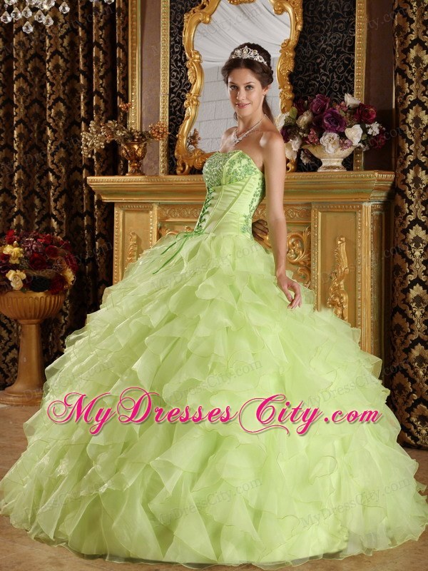 Yellow Green Satin and Organza Embroidery Quinceanera Dress