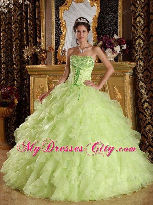 Yellow Green Satin and Organza Embroidery Quinceanera Dress