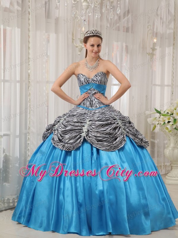 Sweetheart Ball Gown Long Zebra Sweet Sixteen Dresses in Blue