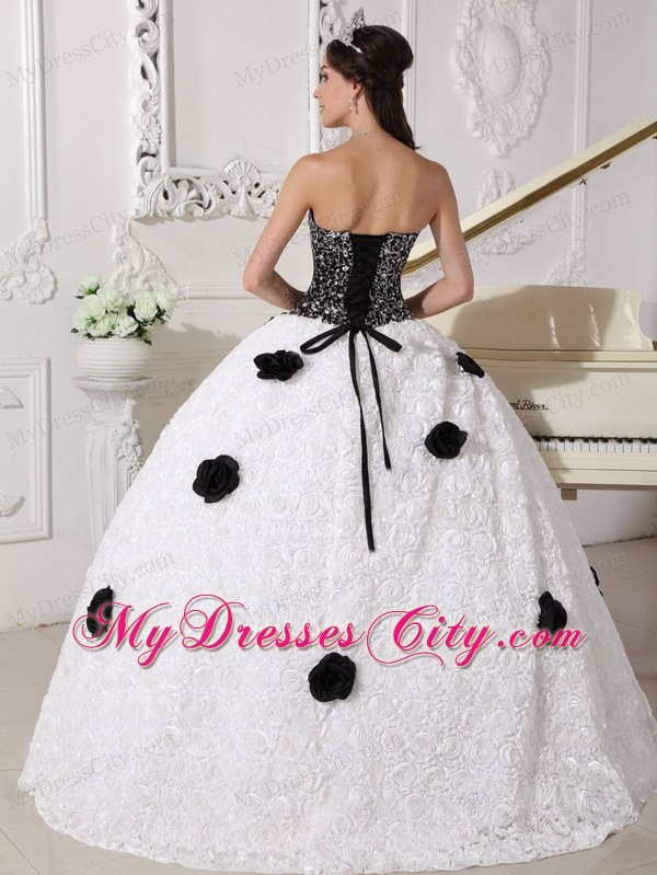 White and Black Flowers Quinceanera Dress with Special Embossed Fabric