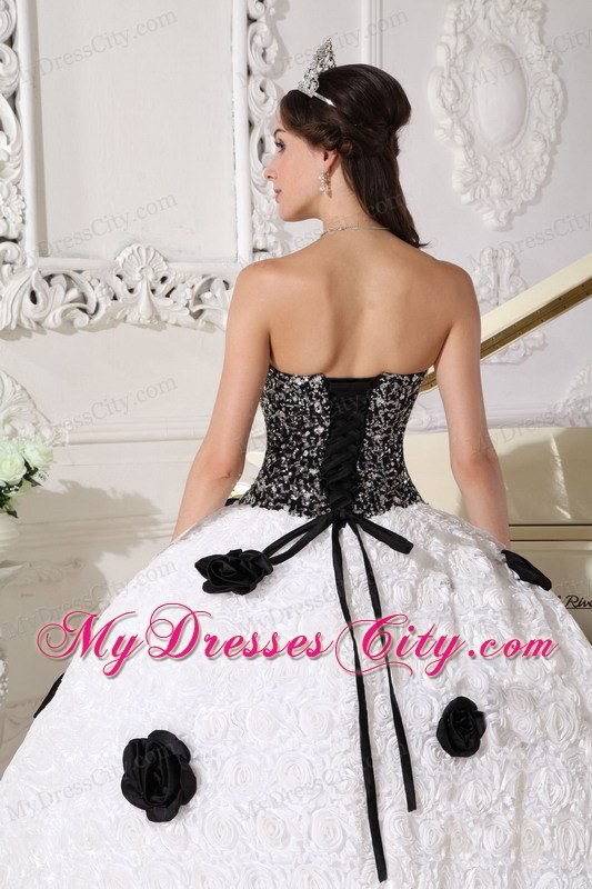 White and Black Flowers Quinceanera Dress with Special Embossed Fabric