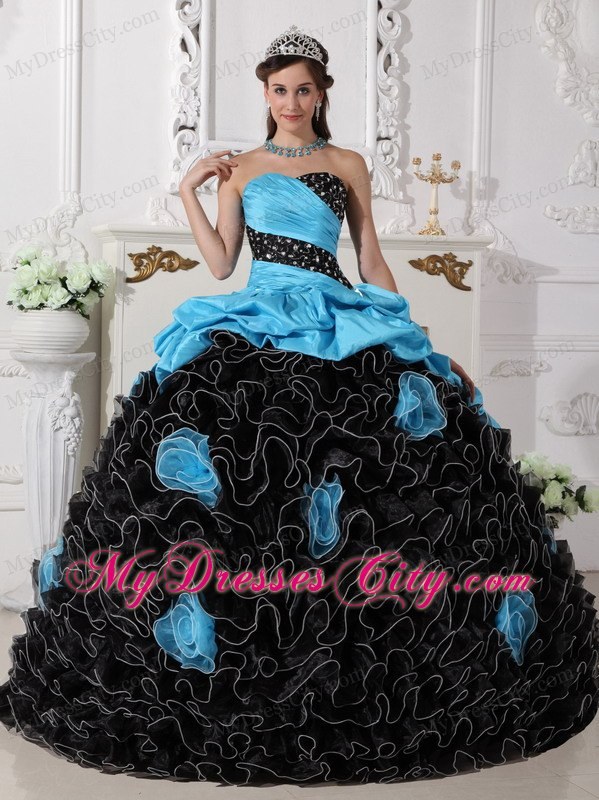 2013 Ruffled Beading Ruches Blue and White Flowers Quinceanera Dress