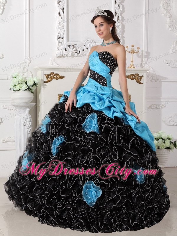 2013 Ruffled Beading Ruches Blue and White Flowers Quinceanera Dress
