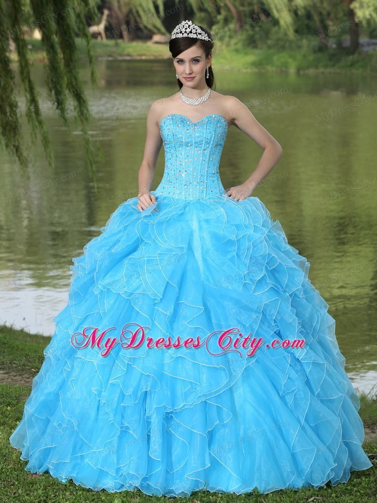 Aqua Layered and Frilly Ruffles Quinceanera Dress With Beadings