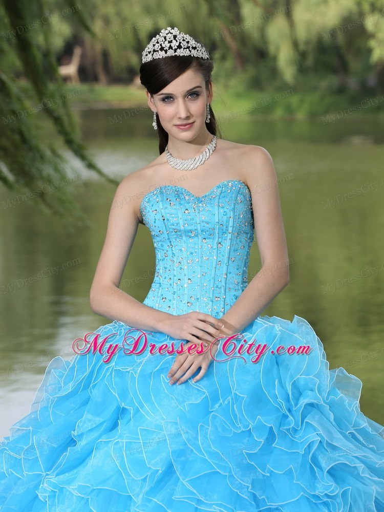 Aqua Layered and Frilly Ruffles Quinceanera Dress With Beadings