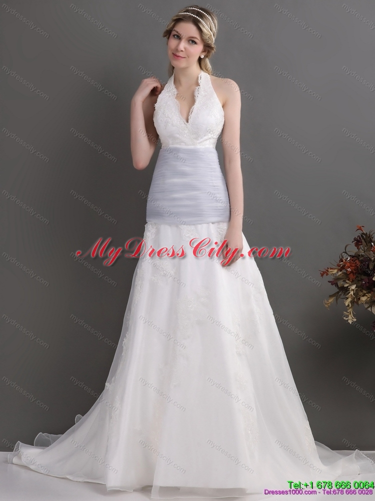 2015 Halter Top Maternity Wedding Dress with Lace and Ruching