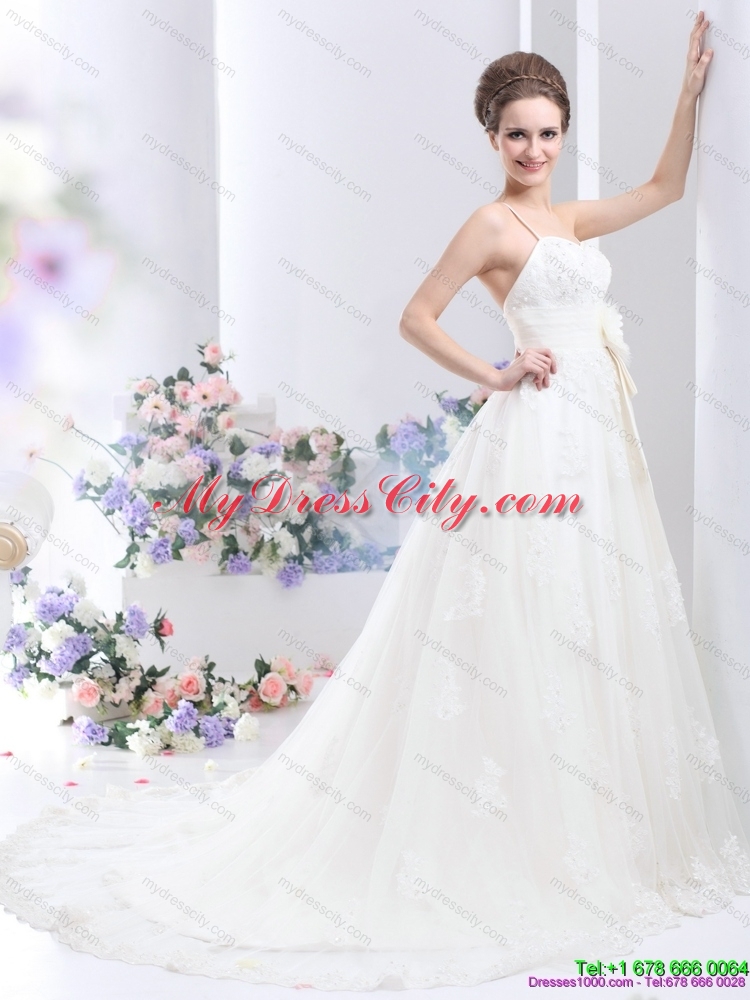 Perfect Sequines White Lace Bridal Gowns with Hand Made Flower