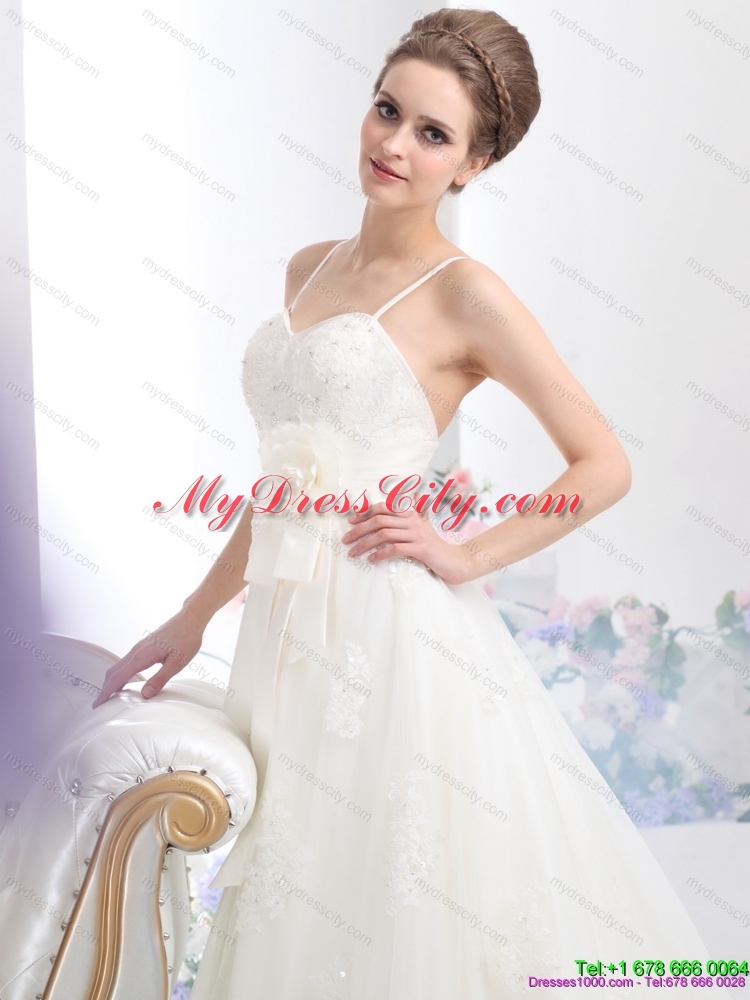 Perfect Sequines White Lace Bridal Gowns with Hand Made Flower